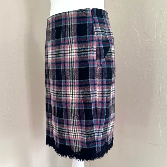 Tibi Lace Trim Red Blue Black & White Check Plaid Wool Pencil Skirt Size 4 - Picture 7 of 15